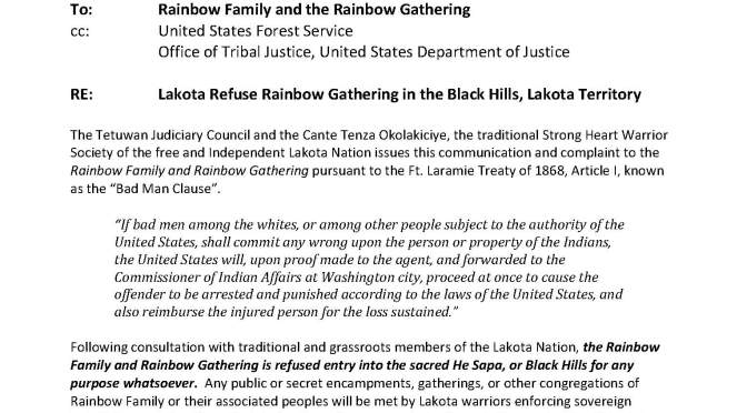 Lakota Issue Notice of Complaint to Rainbow Family; Deny Black Hills Entry